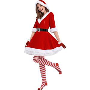 Mrs. Claus Dress Set for Women Velvet Hooded Christmas Santa Dress with Gloves High Socks Nightwear Mother Family Outfits (X-Large)