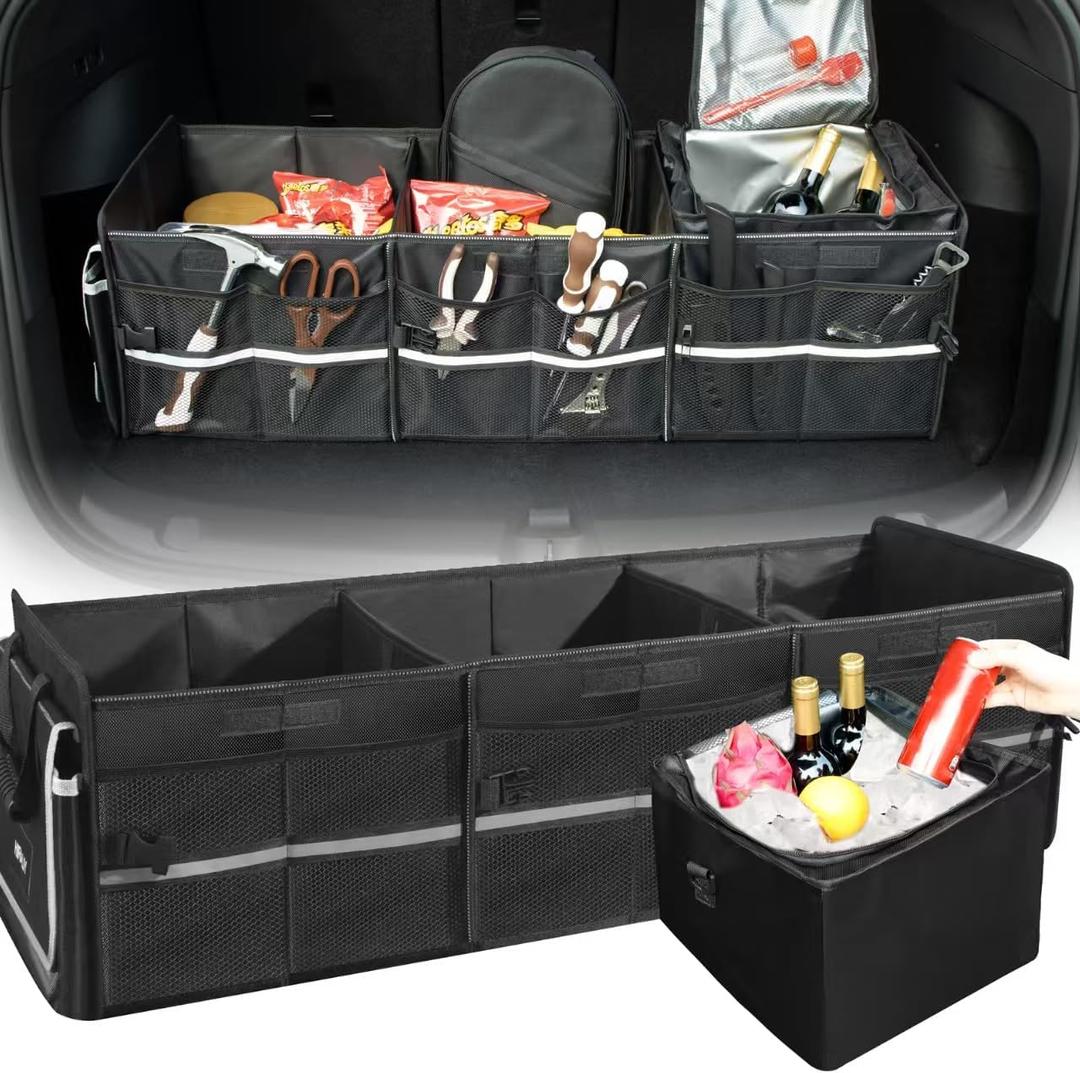 Front Trunk Organizer with Leakproof Cooler Bag for Tesla Model Y Model 3 2017-2025, Frunk Storage Collapsible Container Box Compatible with Front Rear Trunk Seats for Accessories, Black