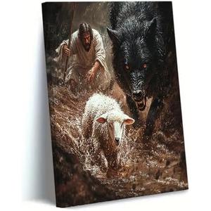 Jesus Saves the Lamb canvas wall art Jesus Running Towards The Wolf And The Lamb Painting Picture Wall Decor Christian Poster Print Artwork for Church Office Living Room Ready Home Decoration. Size: 16"L x 12"W