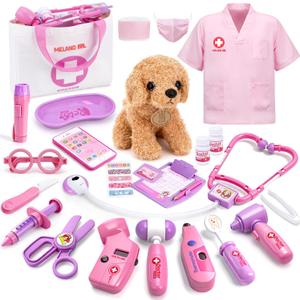 Meland Toy Doctor Kit for Girls, Pretend Play Toy Doctor Set with Dog , Carrying Bag, Stethoscope & Dress Up Costume Gift for Kids Toddlers Ages 3 4 5 6 Year Old for Role Play