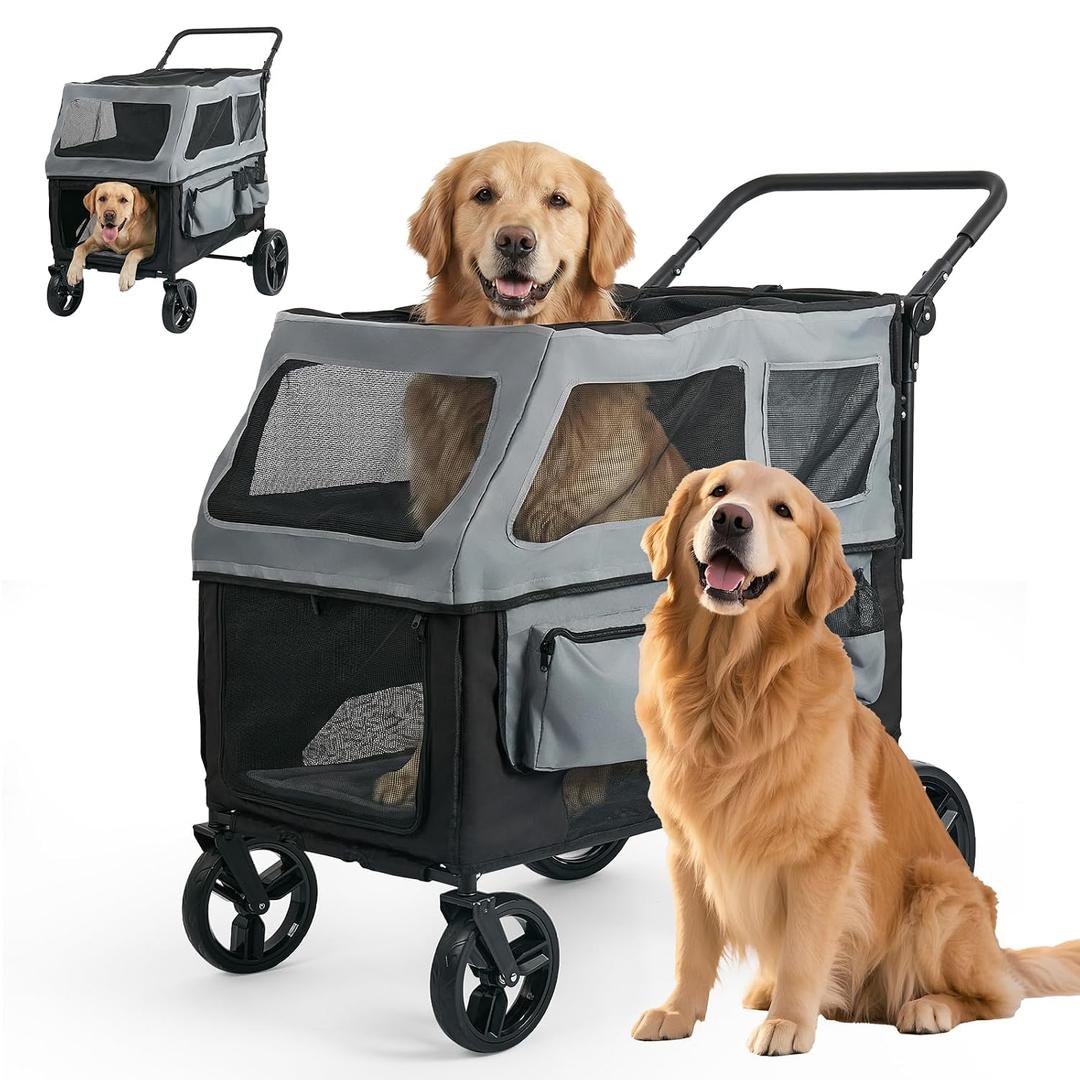 Large Dog Stroller for Medium & Large Dogs up to 350 lbs,Foldable Pet Wagon | Rear Ramp for Senior Dogs,Adjustable Handle,Washable Pad,All Terrain Wheels,Breathable Mesh Doors & Multiple Storage Pockets