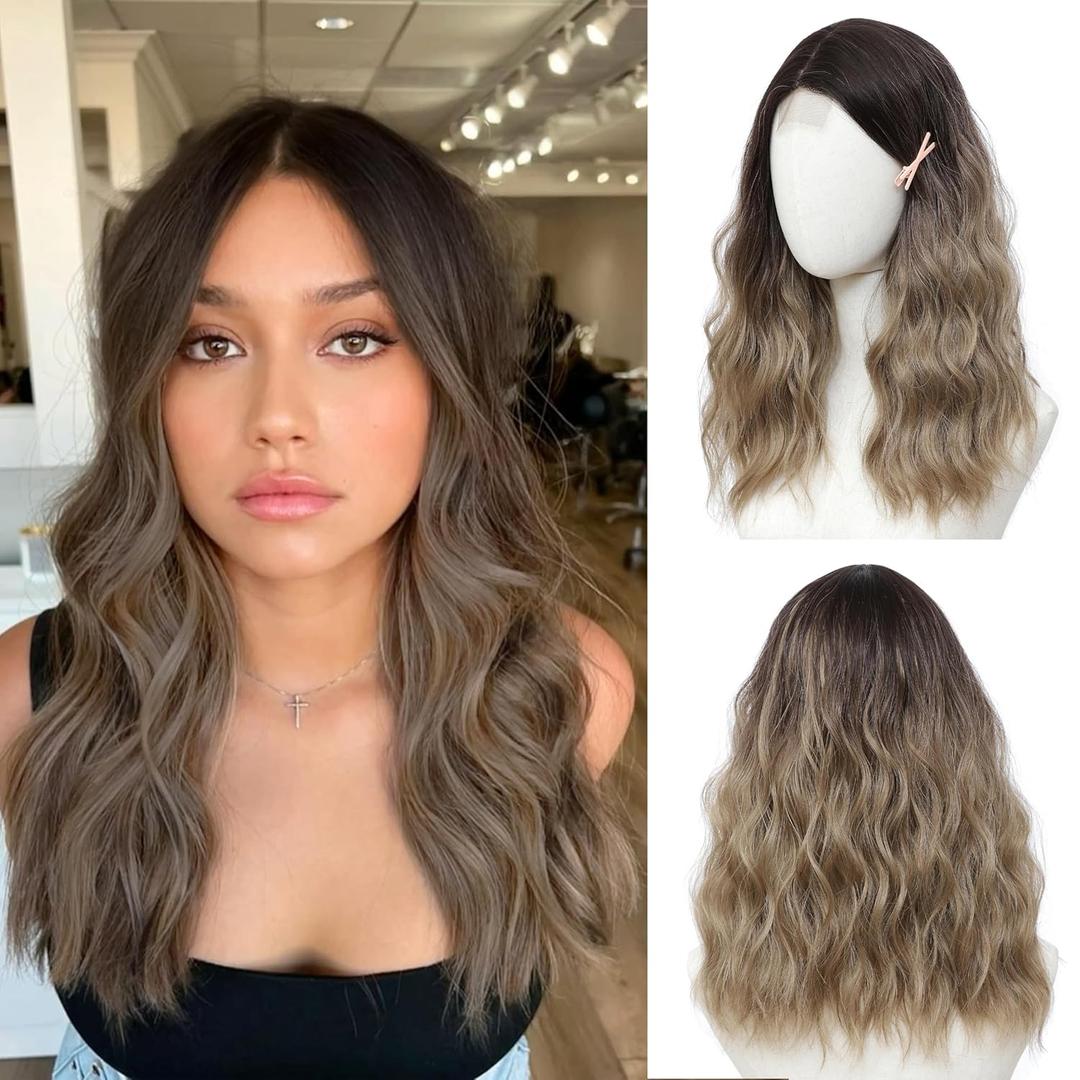 Ombre Ash Blonde Wig 18 Inch Medium Length Wigs for Women Middle Part Synthetic Hair Wavy Wig with Upgraded Strands,Natural Hair Wigs for Daily Party/Halloween Use 18Inch,Ombre Ash Blonde