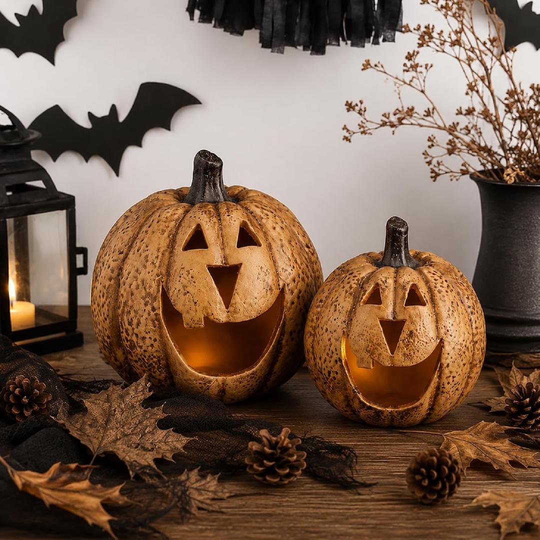 Glooglitter 2 Pieces Halloween Jack O Lantern Pumpkin Resin Lanterns