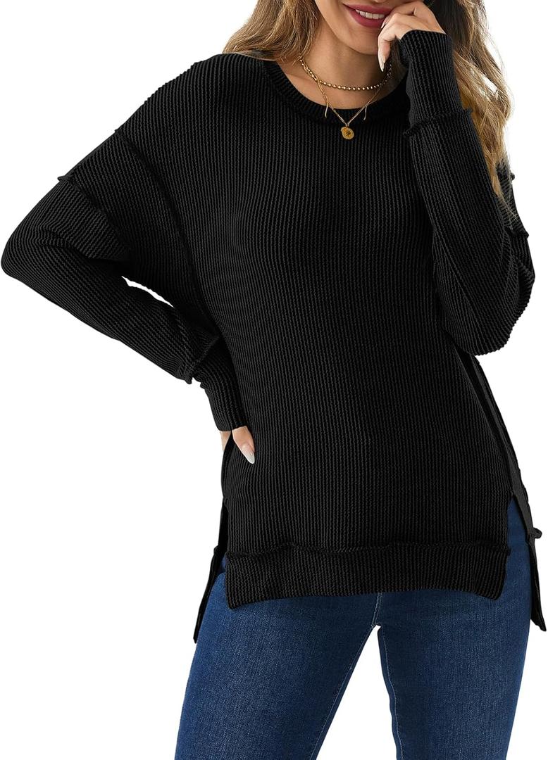 AirZeal Womens Long Sleeve Tops Ribbed Loose Fit Oversized Shirt with Side Slit High Low Hem Fall T Shirts (Large, 12378black)