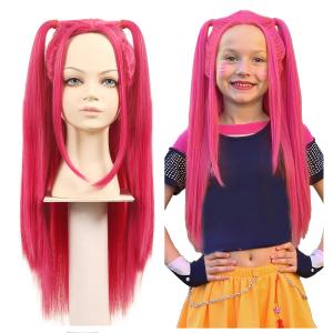 ColorGround Long Straight Hot Pink Cosplay Wig with 2 Ponytails for Women Halloween Party Costume