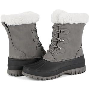 FEWGLEN Women's Waterproof Winter Snow Boots Lightweight Insulated Duck Boots Warm Cold Weather Boots Fur Lined Mid-Calf Boots Grey 10