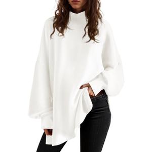 Saodimallsu Womens Turtleneck Oversized Sweaters Puff Sleeve Side Slit Casual Knit Tunic Pullover Tops (Medium, White)