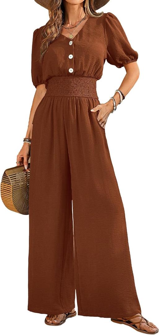 LOOKBOHO Women's Jumpsuits Short Sleeve V Neck Dressy Casual Wide Leg Pants Romper 2026 Summer One Piece Outfits (Large, Brown)