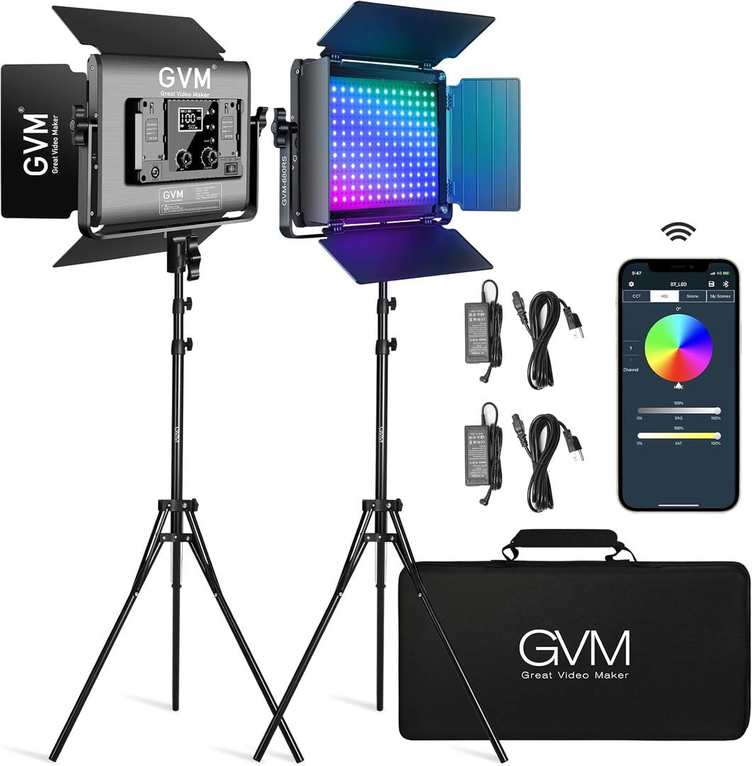 GVM RGB LED Video Light with Lighting Kits, 680RS 50W Led Panel Light with Bluetooth Control, 2 Packs Photography Lighting for YouTube Studio, Video Shooting, Gaming, Streaming, Conference, 2 Pack-Black