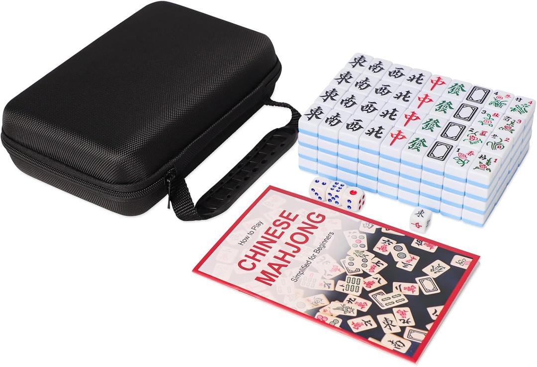 Mini Chinese Mahjong Set, 144 Blue Tiles with Small Size (0.9), Portable Carrying Case for Travel and Fun