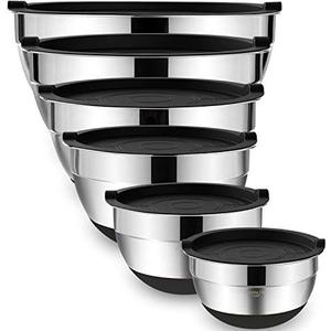 Umite Chef Mixing Bowls with Airtight Lids，6 piece Stainless Steel Metal Nesting Storage Bowls, Non-Slip Bottoms Size 7, 3.5, 2.5, 2.0,1.5, 1QT, Great for Mixing & Serving(Black)