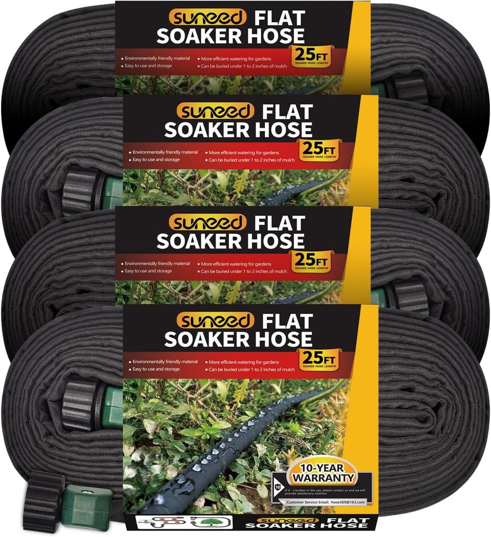 4 Pack Flat Soaker Hose 25FT for Garden Beds, Lightweight Drip Soaker Hose 100 ft for Foundation Watering of Plants Garden Sprinkler Soaker Hoses with Heavy Duty & Easy to Install (25ftx4)