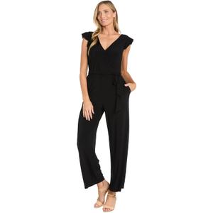 R&M Richards Classic Solid Jumpsuit W/Wrap Top & Ruffle Cap Sleeves (12 Petite, Black)