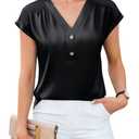 Blooming Jelly Womens Satin Silk Tops Pleated Dressy Casual Blouse V Neck Business Outfit Short Sleeves Summer Top (Black,XL) (Black, XL)