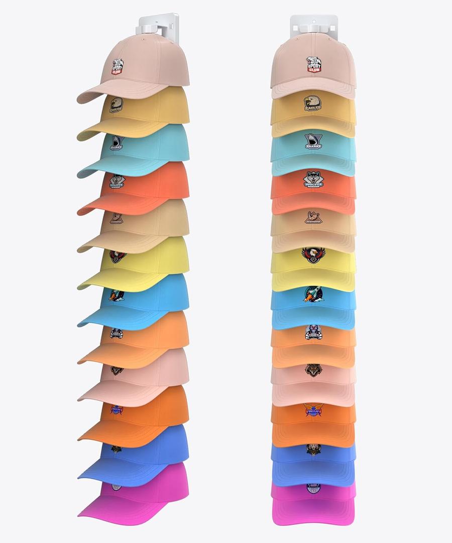 Hat Organizer for Baseball Caps, 2 Packs Hat Rack, Baseball Cap Organizer With Strong Adhesive/Wall Drilled for up to 24 Hats, Layered Design Hat Storage, Hat Rack for Wall, Door, Closet(White)