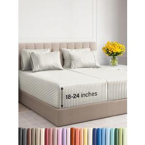 Extra Deep Split King Sheet Set - 7 Piece Breathable & Cooling Sheets - Hotel Luxury Bedding Set 18-24 Inch Extra Deep Pockets - Easy Fit, Soft, Wrinkle Free & Comfy - Beige Stripes, Split King Size