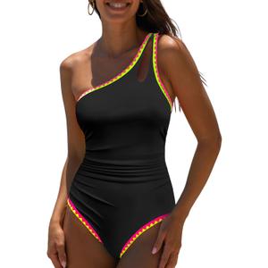 popvil One Shoulder One Piece Swimsuit for Women Neon Color Block Bathing Suits Modest Full Coverage Swimwear, XL