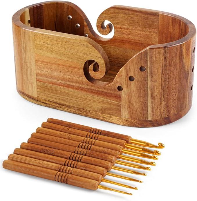 Oval Yarn Bowl, Crochet Yarn Holder with 9pcs Knitting Hooks, Yarn Storage Crochet Bowl Knitting Gift for Crocheters, Large Yarn Bowl Acacia Wooden 11.3x5.9x4.7inch (Acacia Yarn Bowl with Lid)