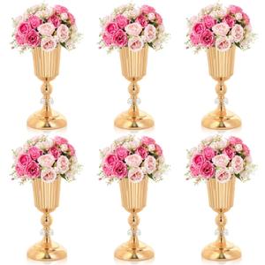 11.6 inches Metal Wedding Flower Trumpet Stripe Vases Table Centerpieces for Artificial Flower Arrangements for Anniversary Celebration/Wedding/Party/Birthday Event Aisle Home Decor (Gold, 6pcs)
