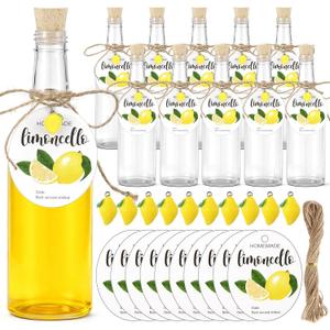 Vesici 10 Set 11oz Limoncello Plastic Bottles and Label with Cork Lids Mini Resin Lemon for Limoncello Homemade Brewing DIY Long Neck Bottles for Christmas Wedding Bridal Shower Gifts(Round Hangtag)