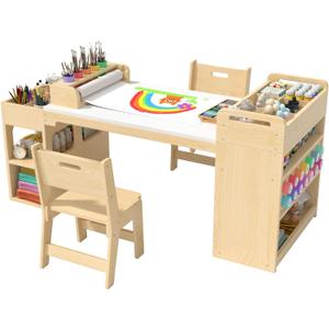 56Lx25W Kids Art & Craft Table and 2 Chairs Set, Portable Supply Organizer and Paper Roll Rack, Art Desk and Craft Table for Kids, Toddler Activity and Coloring Tables with Storage(White)