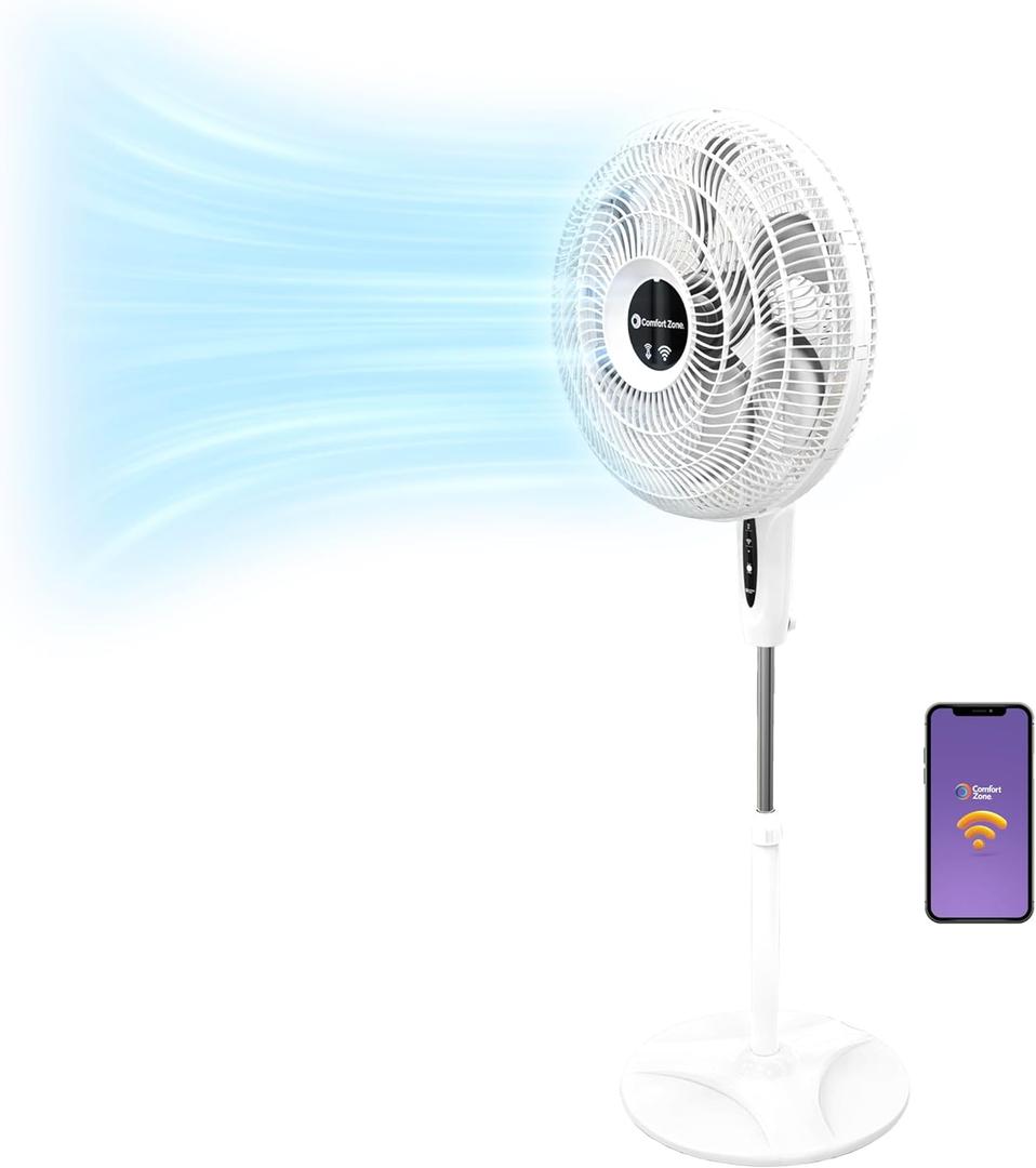 Comfort Zone Smart WiFi Oscillating Stand Fan, 18 inch, 3 Speed, Wall-Mountable, Voice Control, Full-Function Timer, Adjustable Stand up to 53 inches, Tri-Curve Technology to Reduce Noise, CZST180SWS (White)