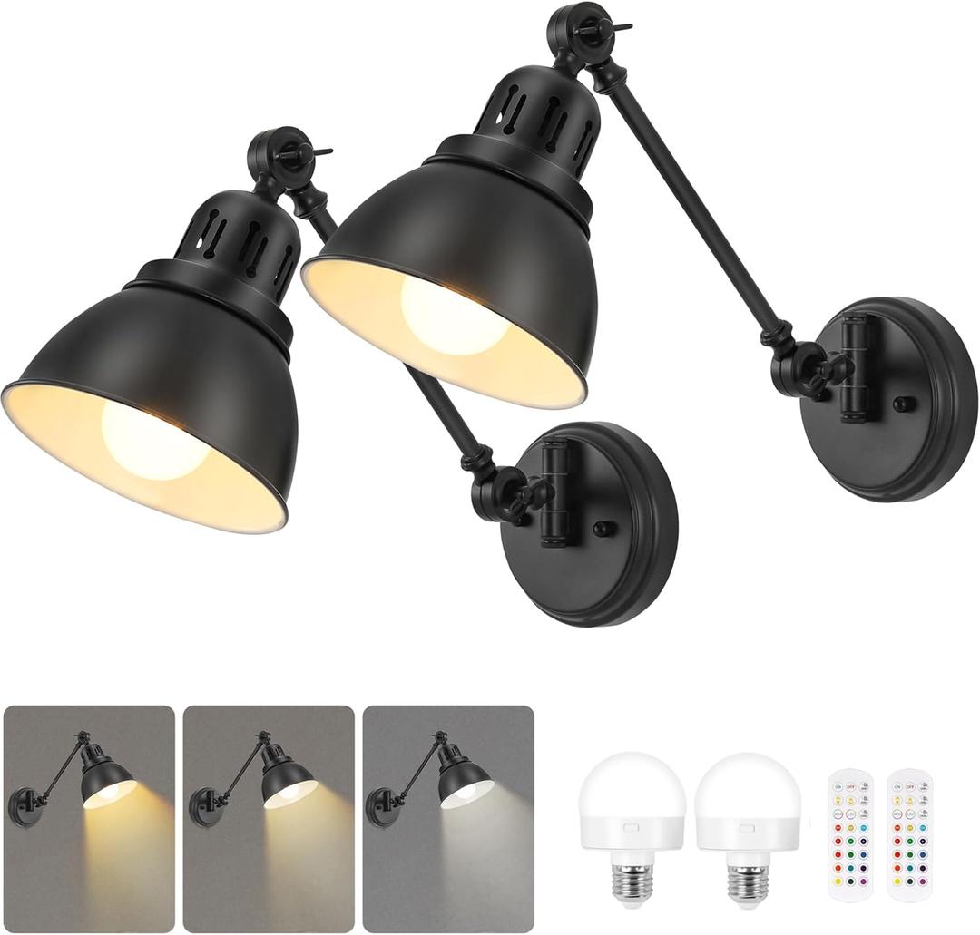 Battery Operated Wall Sconces Set of Two, Black Vintage Wireless Wall Lights Rechargeable Wall Sconce with Remote, 15 Colors Modes, Swing Arm Wall Lamps for Bedroom Living Room