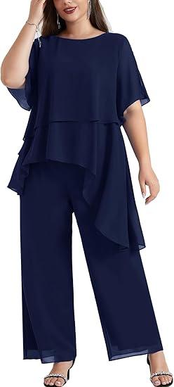 Hanna Nikole 2025 Plus Size Mother of The Bride Pant Suits 2 Piece Chiffon Sets Ruffle Asymmetric Layers Wedding Guest Outfit, Size:2XL