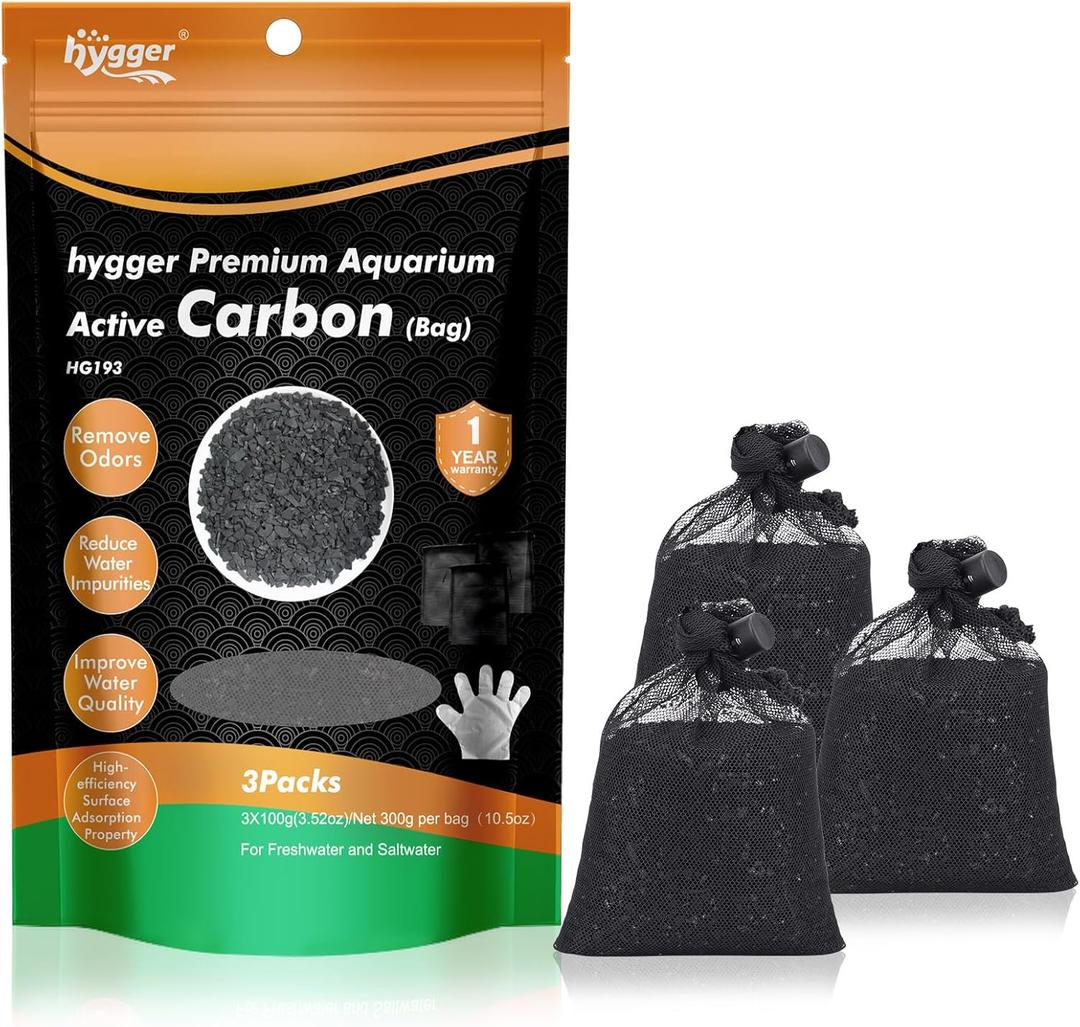 hygger Aquarium Activated Carbon, Premium Natural Coconut Shell Activated Charcoal for Freshwater and Saltwater, Fish Tank Filter Media, Water Purification Carbon (10.5 oz with Fine Mesh Bag)