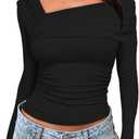 Darong Women's Off Shoulder Tops Y2K Shirt Slim Fit Ruched Crop Top Long Sleeves Spring Fall Blouse Going Out Shirt (X-Large, Black)
