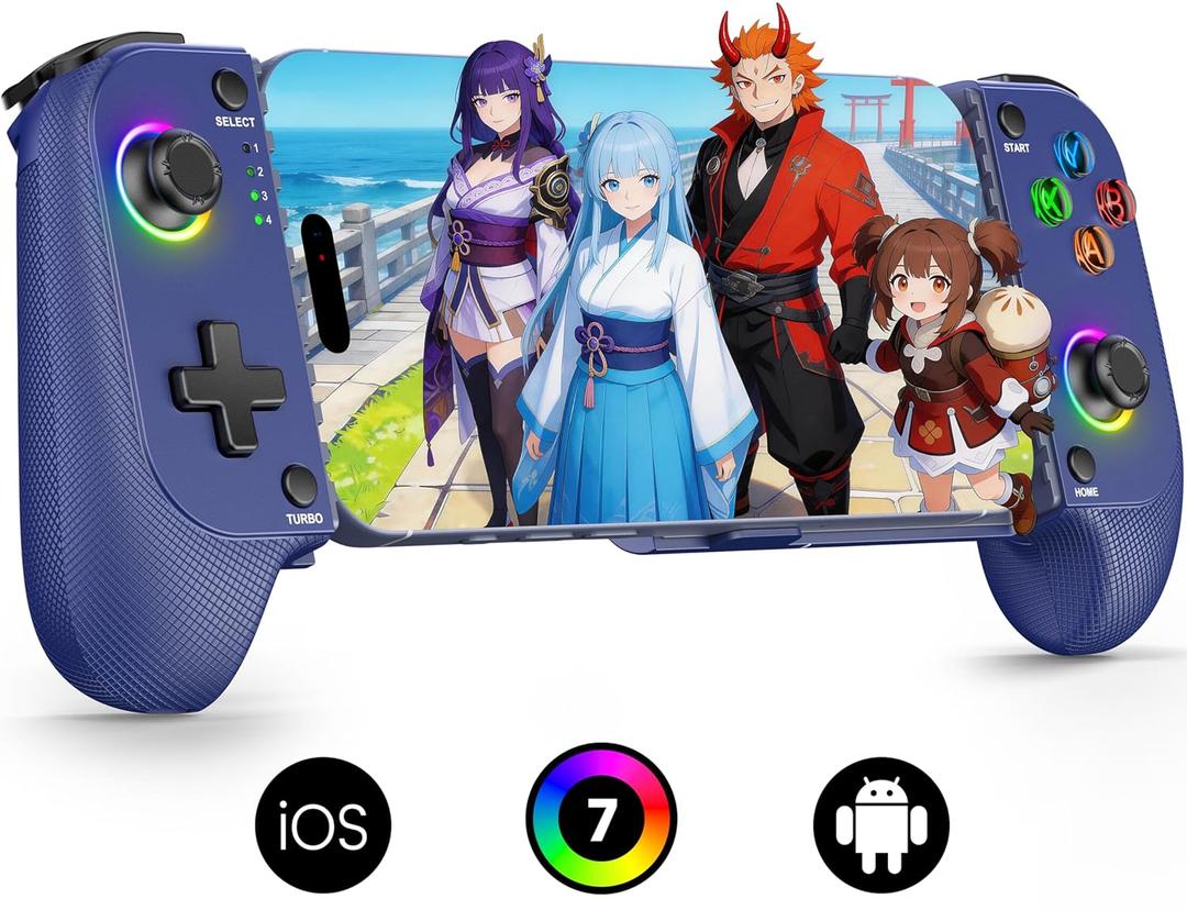 Mocagen MC1 Phone Controller for iPhone(All Model)/Android - Hall Effect Joystick, Enhanced Grip, Case-Friendly, Mobile Gaming Controller with 7 Lights Color, Travel Dust Bag, Turbo, Triggers(Blue)