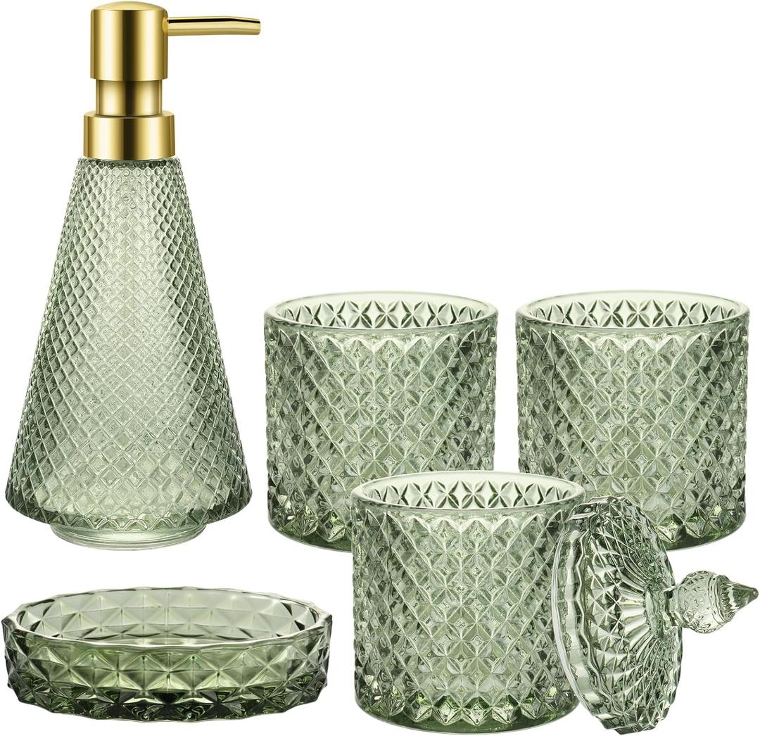 Green Bathroom Accessory Set, 5Pcs Bathroom Soap Dispenser Set, Green Glass Bathroom Accessory Set with Lotion Dispenser, Soap Dish, Toothbrush Holder, Tumbler, Cotton Swab Jars