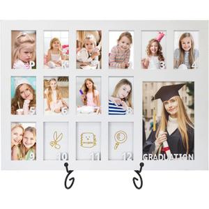 School Years Picture Frame Pre K to 12 White Graduation Gift Collage Frame with Stand Easel, Displays One 4x6 and Twelve 2x3 Wallet Photos