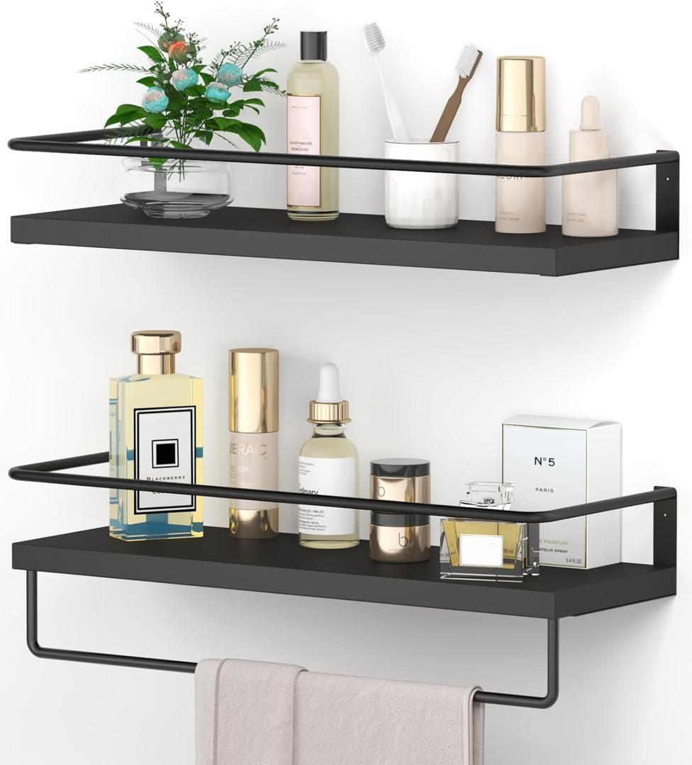 Onlysky Bathroom Floating Shelves Set of 2 with Towel bar (Black Black)