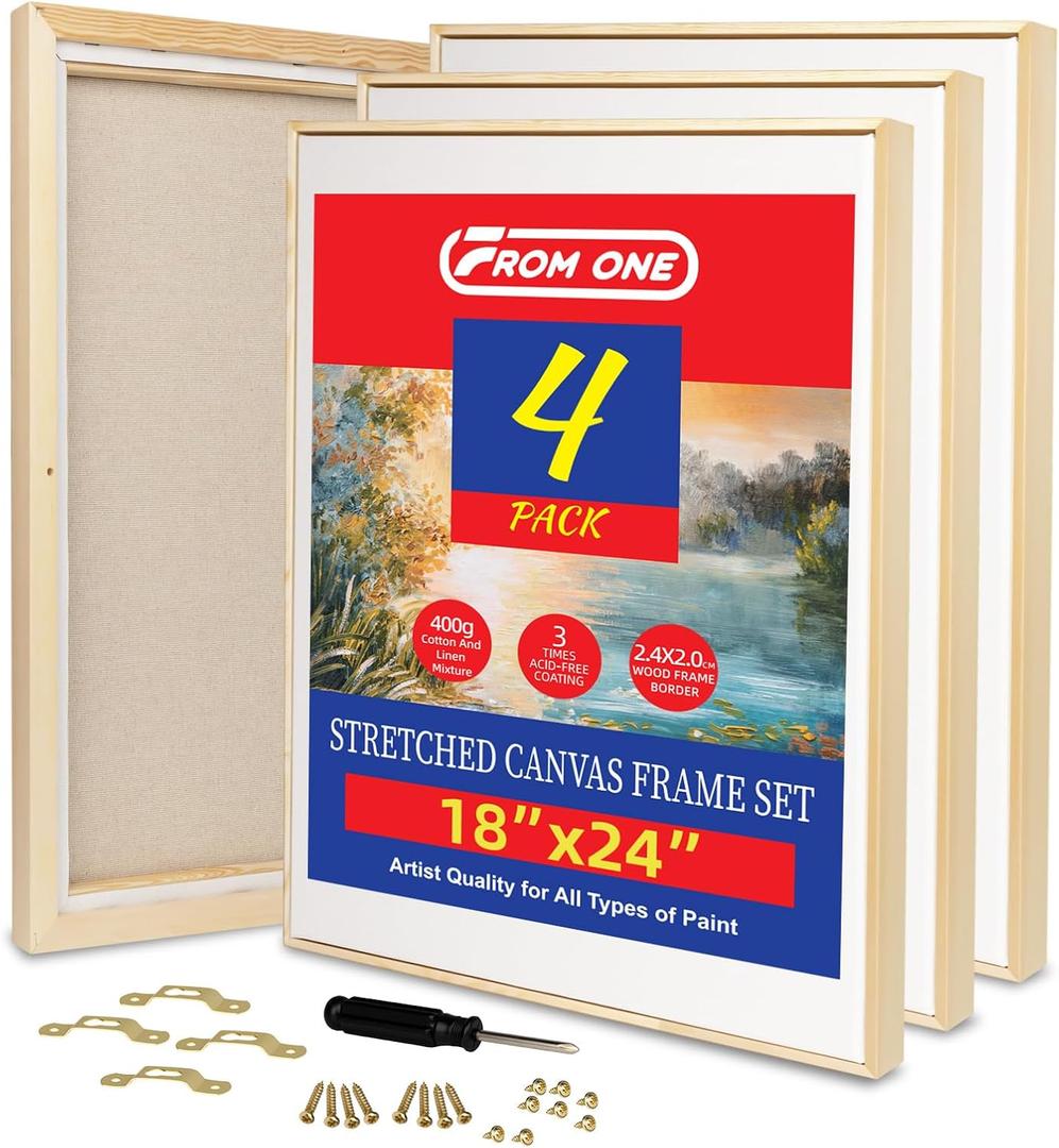 4 Pack 18 x 24 inch Floater Frame Canvas Gallery Wrapped Canvas Set with Cotton-Linen Blend (400 GSM), Triple Acid-Free Gesso, Warp Resistant, Ready to Hang for Oil and Acrylic, 4pk-1824