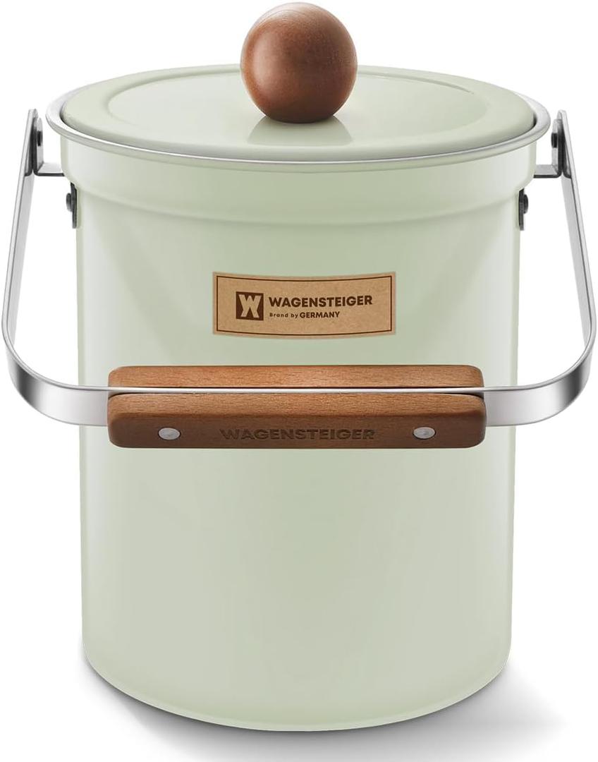 WAGENSTEIGER Kitchen Countertop Compost Bin 101Ounces / 3Liter with Airtight Lid, SUS304 Stainless Steel Odor-Free Food Waste Bin with Wooden Handle Stylish Design/Bathroom Trash Can (Mint Green)