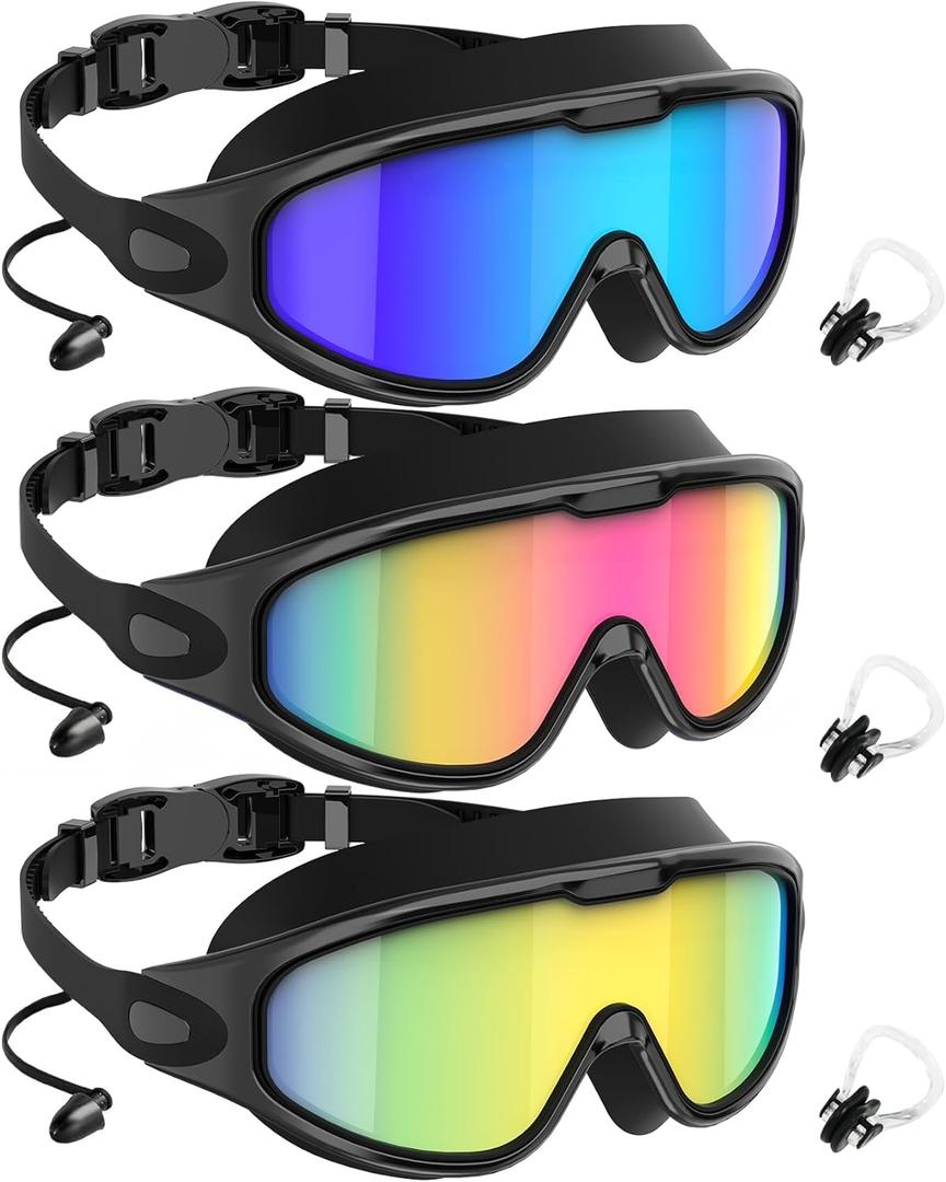 NSSIW Goggles Swimming Adult Swim-Goggles: Wide View with UV400 Protection Anti Fog No Leak for Men and Women 3 Pack (04 Blue & Pink & Gold)