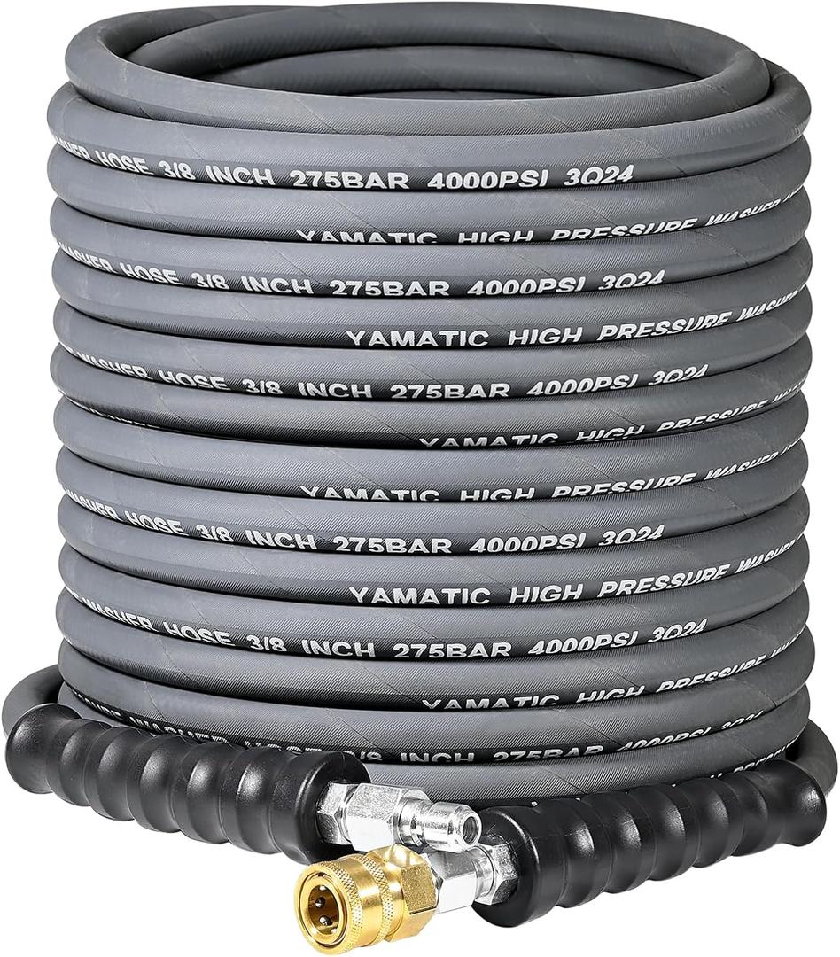 YAMATIC 4000 PSI Pressure Washer Hose 50FT x 3/8", Swivel Quick Connector  Steel Wire Braided, Kink-Free & Non-Marking Rubber Jacket (Gray)