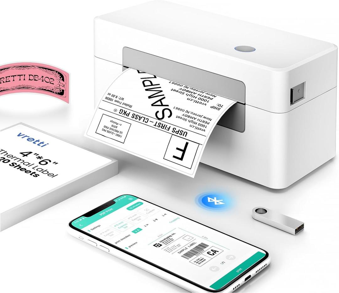 vretti Bluetooth Shipping Label Printer - 4x6 Thermal Printer for Shipping Packages and Small Businesses, Label Printer Supports Android/iPhone/Windows, Compatible with Shopify, Ebay, USPS, Amazon (White Gray)