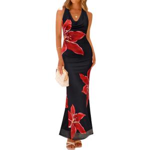 ZESICA Women's 2026 Summer Halter Neck Floral Print Maxi Dress Sleeveless Backless Wedding Guest Party Bodycon Long Dresses (M)