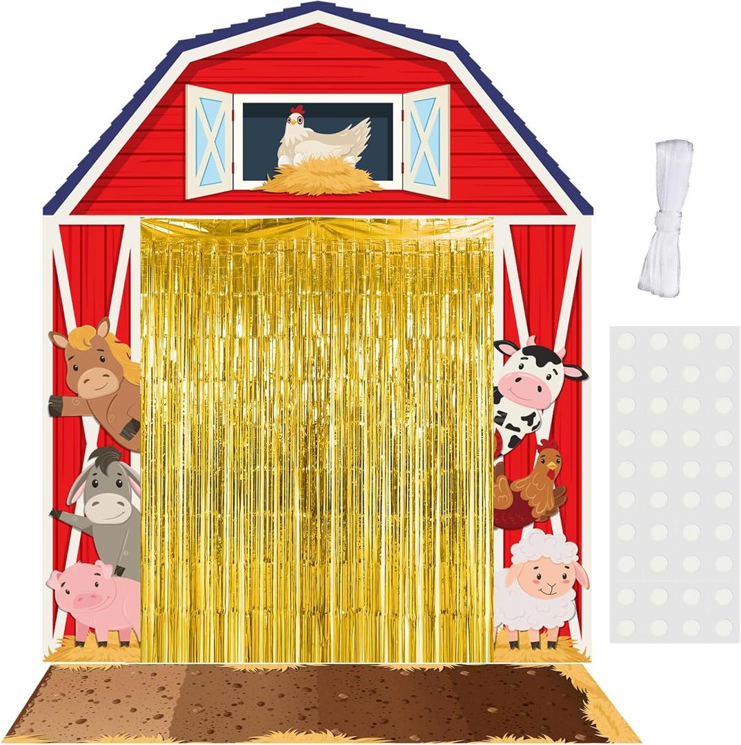 VitalCozy 7pcs Farm Animal Theme Party Decorations Farm Barn Party Porch Banners Yellow Rug Gold Foil Fringe Backdrop Curtains for Animal Birthday Barnyard Awning Photo Background Door Entryway Decor