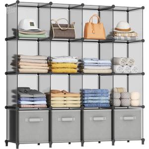 HOMIDEC Closet Organizers and Storage, 16 Cube Storage Organizer, Portable Closet Organizer Cubes Shelves for Clothes, Bedroom, Wardrobe, Kids Room, Bathroom, Grey (X-Large)