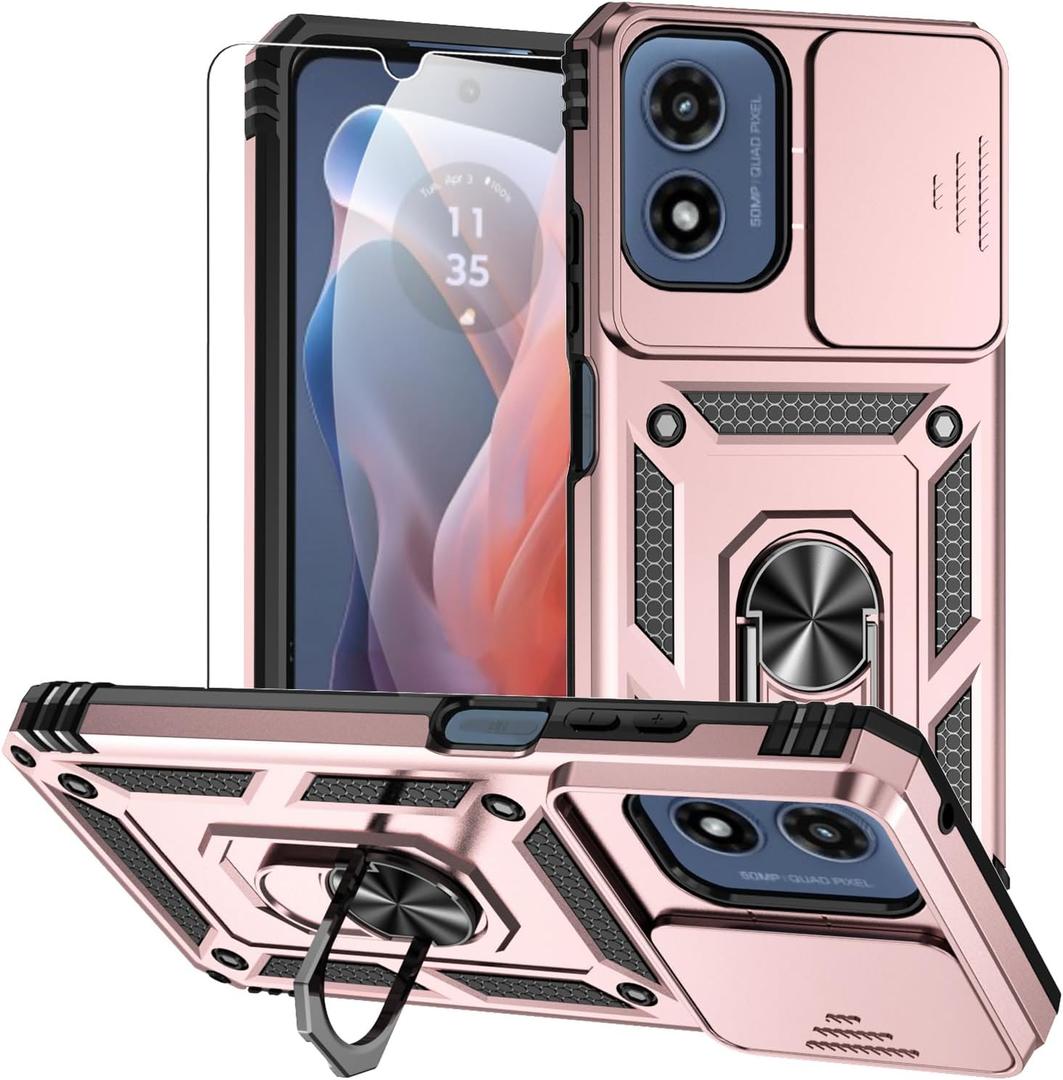 2 x for Moto G Play 5G 2024 Case,Moto G 5G 2024 Case,with Screen Protectors and Camera Cover,[Military Grade] 16ft.Drop Tested with Kickstand Protective Case for Motorola G Play 5G 2024, Rose Gold
