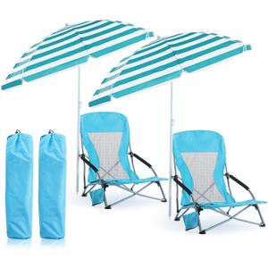 Huwena 2 Pack Beach Chairs with Umbrella for Adults, Low Folding Chair Set, Adjustable Detachable Umbrella, Lightweight Portable with Cup Holder & Carry Bag, for Beach Camping Travel(Blue), 22 x 21 x 28 inches