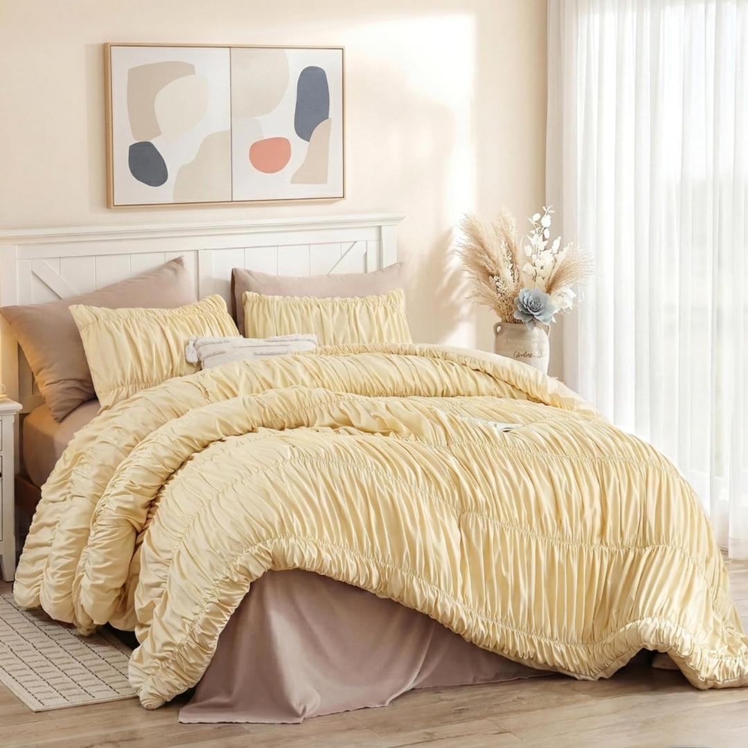 weigelia Cinched Comforter Set Queen Soft Ruched Bedding Set, 3PCS Light Yellow All-Season Fluffy Lightweight Comforter with Pillowcases for Bedroom, Apartment & Dorm Decor