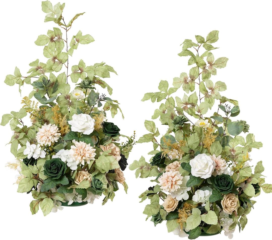 Ling's moment 41" Tall Free Standing Artificial Flowers Arrangements 2 pcs Wedding Arch Altar Stage Decorations Emerald & Tawny Beige Ceremony Reception Rose Fake Floral Party Centerpieces Decor