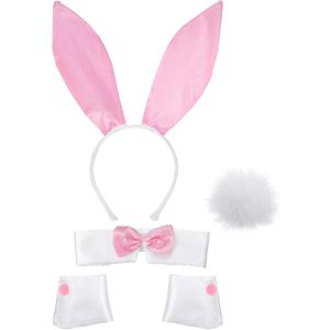 SATINIOR Bunny Costume Set Rabbit Ear Headband Collar Bow Tie Costume Cuffs Rabbit Tail for Halloween Party (Pink and White)