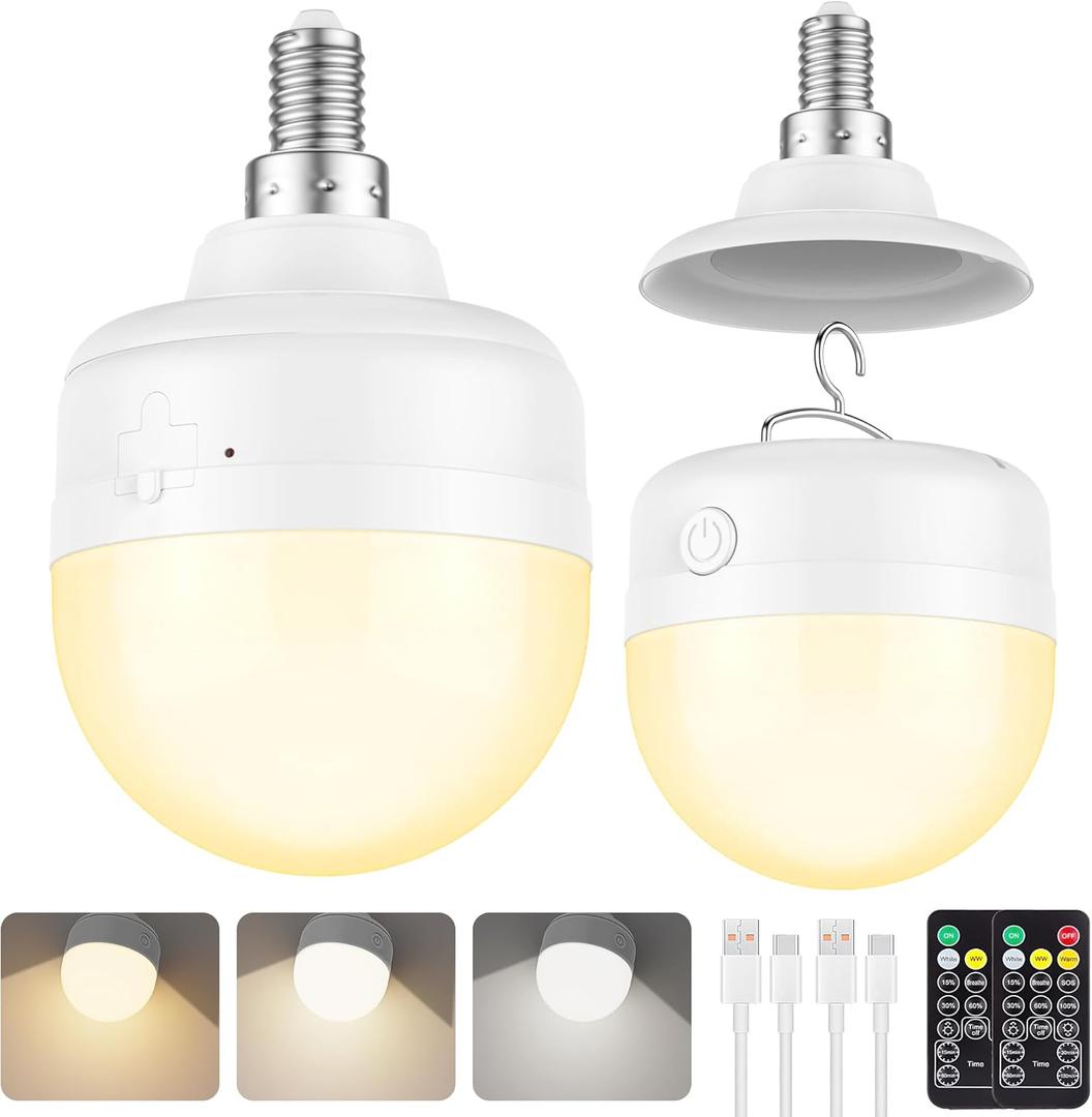 2Packs E12 Rechargeable Magnetic Light Bulbs with Remote and Hook, 10W 900LM Battery operated Emergency LED Bulb 3500mAh, Portable Large Camping Tent Lamp for Home, Hurricane, Power Outage & Outdoor