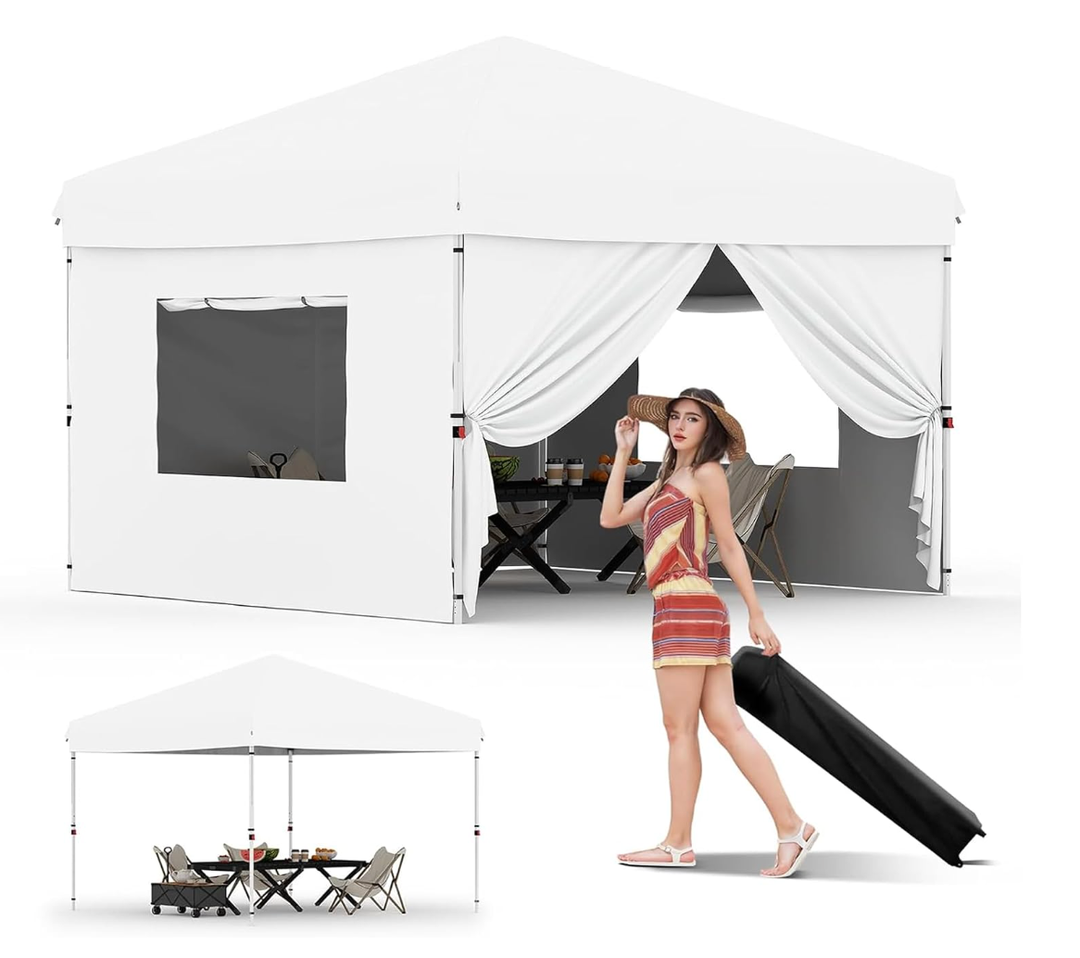 10X10 Pop Up Canopy Tent with 4 Sidewalls, Heavy Duty Commercial Instant Shelter, One-Person Quick Setup Outdoor Party Tent, Water-Resistant & Portable for Outdoor Events, Camping, White
