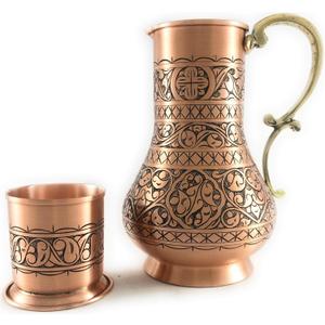 KS Series - Copper Pitcher (45 oz) and Cup (7.7 oz) Set, Moscow Mule Water Jug, Ice Tea and Juice Beverage, Desktop/Bedside Night Water Carafe, Ayurvedic Decanter (Engraved-Matte)